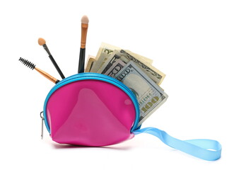 Pink purse with American dollar bills and makeup brush set, girly wallet for women filled with...