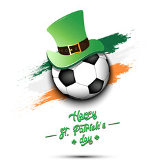 Happy St. Patricks day. Soccer ball in leprechaun hat the background of the Irish flag. Pattern for greeting card, logo, banner, poster, party invitation. Vector illustration