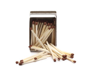 Fire matches pile, matchsticks in cardboard pack isolated on white background
