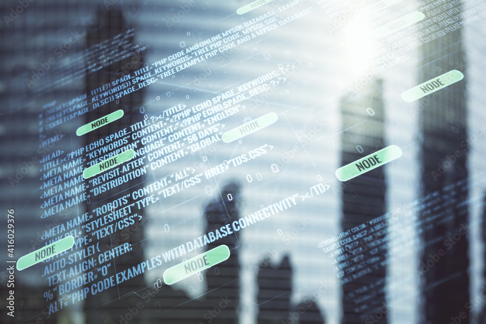 Aufkleber multi exposure of abstract programming language hologram on blurry cityscape background, artificial 