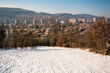 Naklejka premium Architecture of typical red brick houses in Zlin in winter, Czech republic.