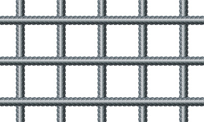Vector illustration seamless grid from reinforced rebars on white background. Realistic seamless pattern construction reinforcement rebars. Endless stainless armature background. Building material.