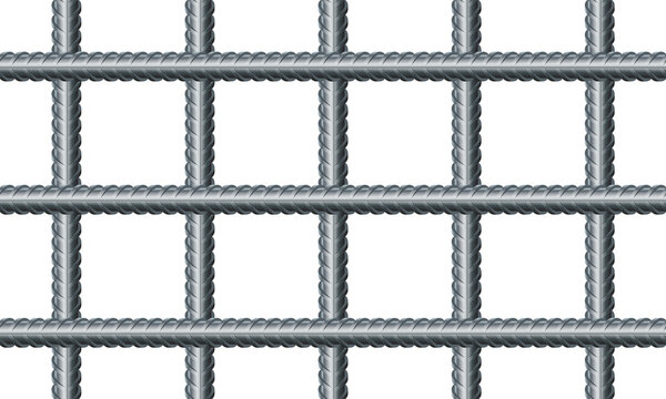 Vector illustration seamless grid from reinforced rebars on white background. Realistic seamless pattern construction reinforcement rebars. Endless stainless armature background. Building material.