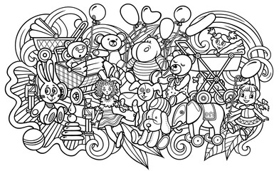 Fototapeta na wymiar Cartoon doodles hand drawn kids toys illustration.
