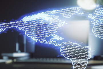 Double exposure of digital America map on laptop background, research and strategy concept