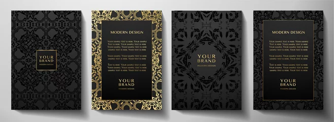 Fotobehang Floral gold curve pattern cover design set. Luxury abstract golden ornament on black background. Premium vector collection for brochure, invite, notebook, menu template © Shiny777