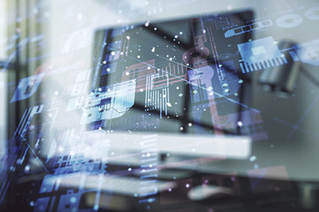 Abstract creative coding illustration on modern computer background, software development concept....