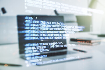 Abstract creative coding concept on modern laptop background. Multiexposure