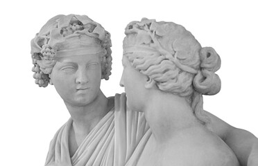 Ancient sculpture of Bacchus and Ariadne. Marble man and woman statue isolated on white background.