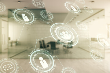 Double exposure of social network icons hologram on a modern furnished office interior background. Networking concept