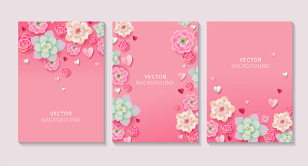 Set of vertical floral vector backgrounds. Blooming flowers with paper hearts on pink background. Concept for Women's Day or Valentine's Day with place for text