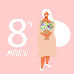 Beautiful Black woman in white dress hold bouquet of flowers. International women’s day. 8th march. Vector illustration for greeting card, postcard, card, web, banner.