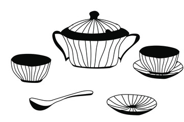 Doodle set of dishes for soup. Plate, bowl, tureen, ladle. Vector hand drawn cutlery set.