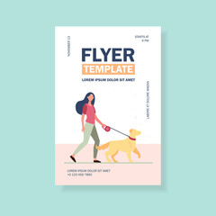 Young woman walking dog on leash. Girl leading pet in park flat vector illustration. Animal care, adoption, lifestyle concept for banner, website design or landing web page