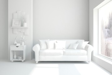 White minimalist living room with sofa. Scandinavian interior design. 3D illustration