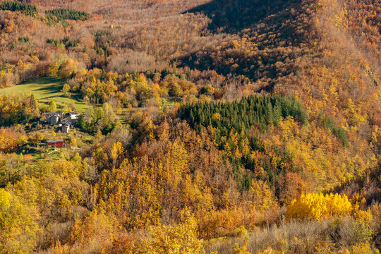 A glimpse of the Emilian Apennines between Pievepelago and Fiumalbo, Italy, with the trees of the colorful autumn colors