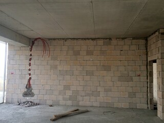 reinforced concrete building construction, interior photo. no plaster was applied. electrical cables were laid..