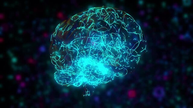 Computer generated model of artificial intelligence. 3d rendering of the digital brain against the backdrop of colored blurred particles