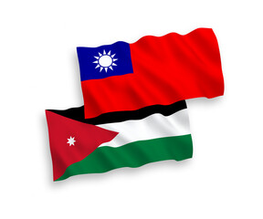 National vector fabric wave flags of Hashemite Kingdom of Jordan and Taiwan isolated on white background. 1 to 2 proportion.