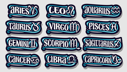Vector set of Zodiac Signs, collection of 12 cut out Astrology Symbols with illustrations of zodiac signs and handwritten brush words, twelve decorative astrology symbols for horoscope prediction.