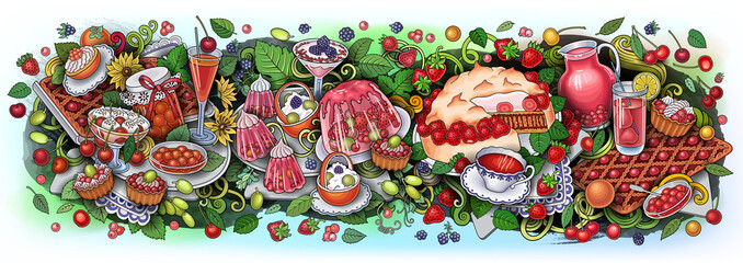Fototapeta na wymiar Sweets, berries, fruits, drinks illustration