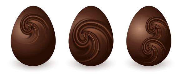 Chocolate Easter eggs isolated ornate with chocolate wave. Decorative elements for traditional Easter. Dark brown eggs on white background. Vector illustration