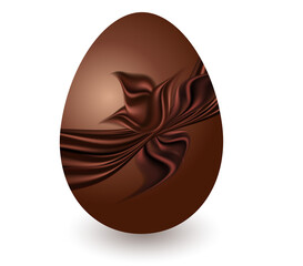 Chocolate Easter egg isolated. Milk chocolate egg decorated with silk ribbon and bow. Brown object on white background. Vector illustration