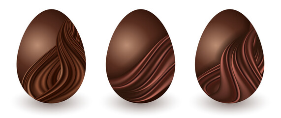 Chocolate Easter eggs isolated. Set of  milk chocolate eggs  with decorative dark brown swirl ribbon. Elements on white background. Vector illustration