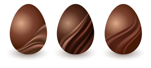 Chocolate Easter eggs isolated. Set of  dark and milk chocolate eggs  with decorative brown silk swirl waves. Elements on white background. Vector illustration