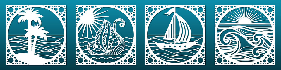 Set of laser cut emplates.Decorative panels or tiles for CNC cutting. Summer sea landscapes with waves, palms and sail boats for home interior, wall art, paper art, travel cards. Vector illustration - obrazy, fototapety, plakaty