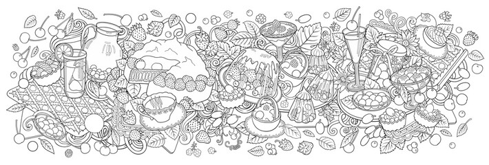 Sweets, berries, fruits, drinks illustration