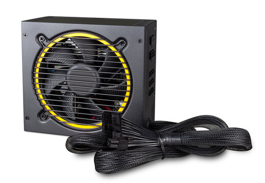 black yellow computer atx format modular power supply with cables isolated white background. pc hardware component technology concept.
