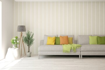 White living room with sofa. Scandinavian interior design. 3D illustration