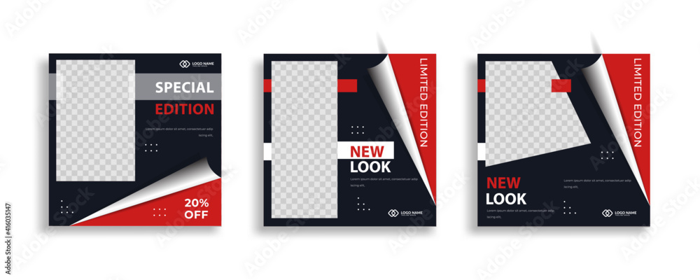 Wall mural set of editable minimal square banner template. red blue background color with geometric shapes for 