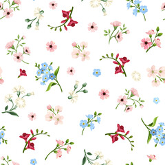 Vector seamless floral pattern with small red, pink, blue and white flowers on a white background.