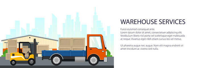 Obraz premium Banner of transport services , forklift truck and small cargo car with boxes on the background of the city , unloading or loading of goods, vector illustration