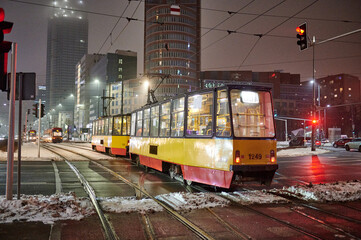 tram in the winter evening in the center of Warsaw