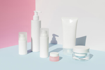 Set of cosmetics with sunlight. Summer body care beauty treatment concept