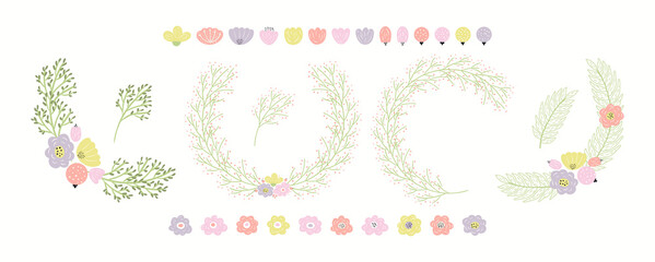 Wild flowers, grasses, ferns, decorative floral frames set, isolated on white. Hand drawn vector illustration. Clipart elements collection. Scandinavian style flat design. Concept for kids print