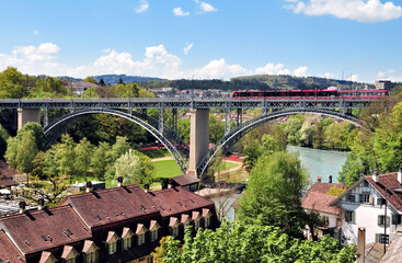 Panoramic view on railway bridge over the river Aare in Berne (Bern), Switzerland