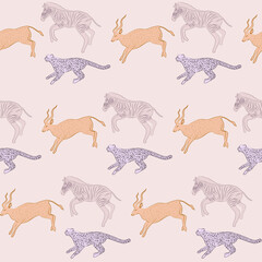 Seamless pattern with African wild animals and plants. Editable vector illustration.