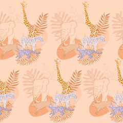 Seamless pattern with African wild animals and plants. Editable vector illustration.