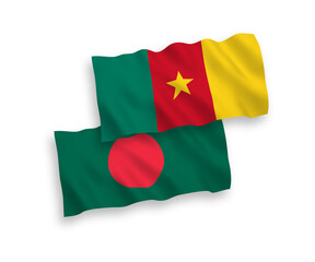 Obraz premium National vector fabric wave flags of Cameroon and Bangladesh isolated on white background. 1 to 2 proportion.