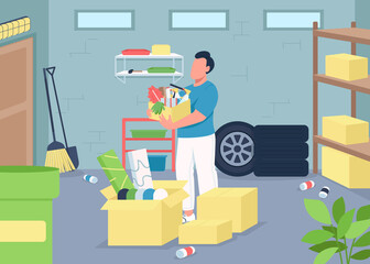 Garage cleaning flat color vector illustration. Household decluttering. Spring cleaning. Home chores. Man with washing equipment 2D cartoon character with messy basement on background
