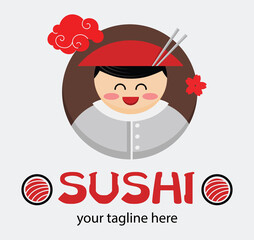 Funny cartoon asian man in cone hat. Japanese food advertisement concept. Japanese vector mascot. Sign for a sushi shop or restaurant.