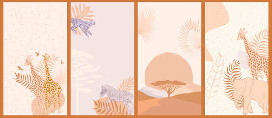 Collection of vertical background with African wild animals, plants. Mobile App, Social media background.  Editable vector illustration. © miobuono