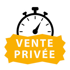 Vente privée. Icône jaune et noir avec chronomètre. Illustration vectorielle.