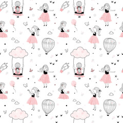 Cute little girls seamless pattern, design for kids, gentle background for princess party. Perfect for fabric, wallpaper, wrapping paper, textile. Hand drawn vector illustration. © Colorlife