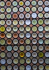 Stained glass window with geometric pattern.