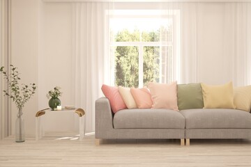White living room with sofa and summer landscape in window. Scandinavian interior design. 3D illustration